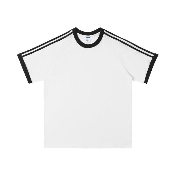 210g 100% Cotton American Style Round Neck Retro Peruvian Cotton Loose Drop Shoulder Three Stripes Solid Color Short Sleeve t T-shirt Parent-Child Matching Outfits