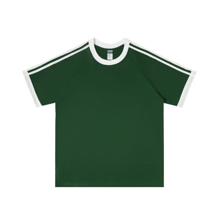 210g 100% Cotton American Style Round Neck Retro Peruvian Cotton Loose Drop Shoulder Three Stripes Solid Color Short Sleeve t T-shirt Parent-Child Matching Outfits