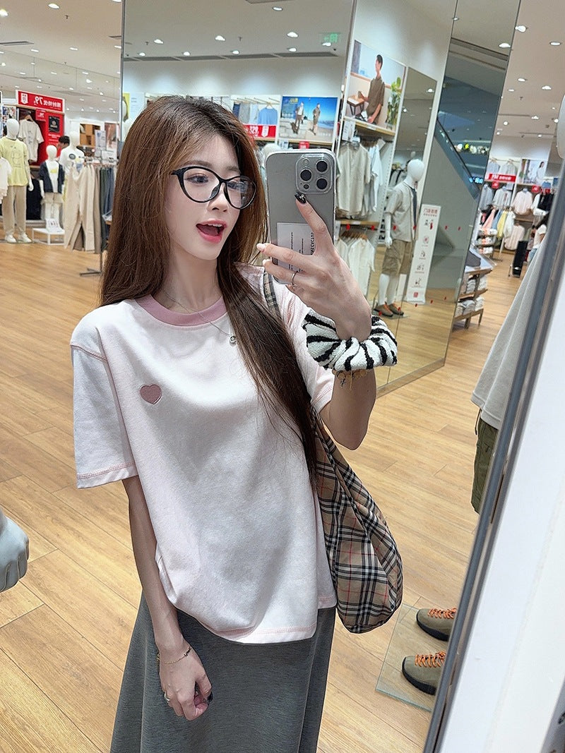 Real Shot Peruvian Cotton220Gram Short Sleeve t Summer Shirt2025New Trendy Embroidered Loose Round Neck Top Plus Size Women's Clothing