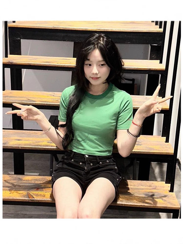 2025Summer New Solid Color Slim Fit Hot Girl Short Sleeve Off-Shoulder Tight Versatile Short Sleeve T T-shirt Top Hook Clothing Women's Wear