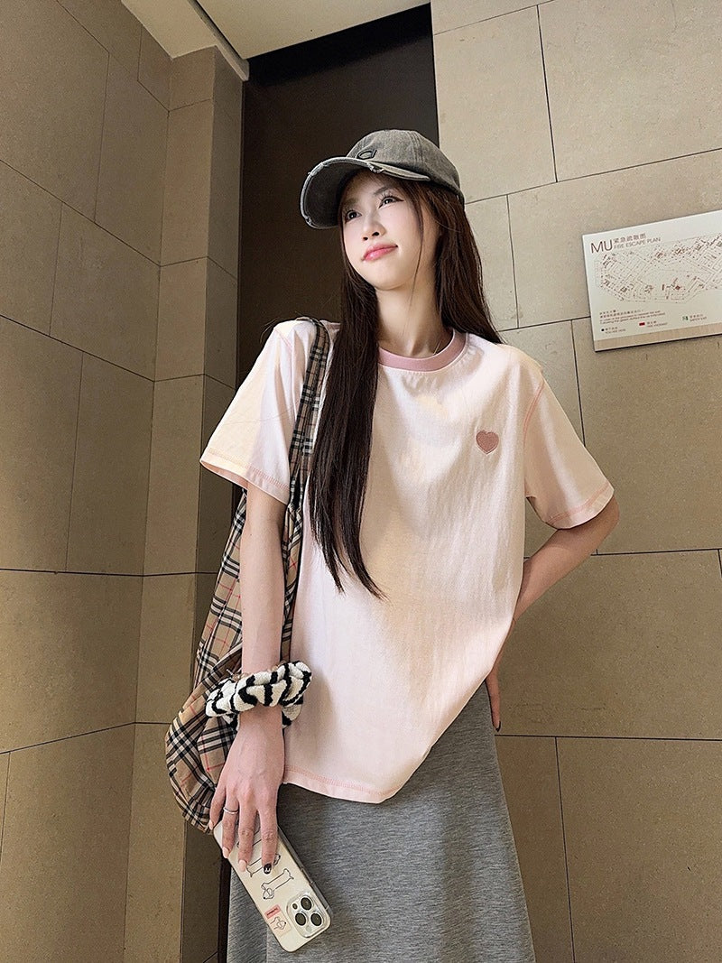 Real Shot Peruvian Cotton220Gram Short Sleeve t Summer Shirt2025New Trendy Embroidered Loose Round Neck Top Plus Size Women's Clothing