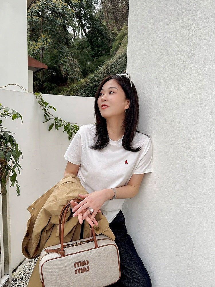 Japanese Style Niche Short Sleeve Embroidered Letters Peruvian Cotton T Shirt