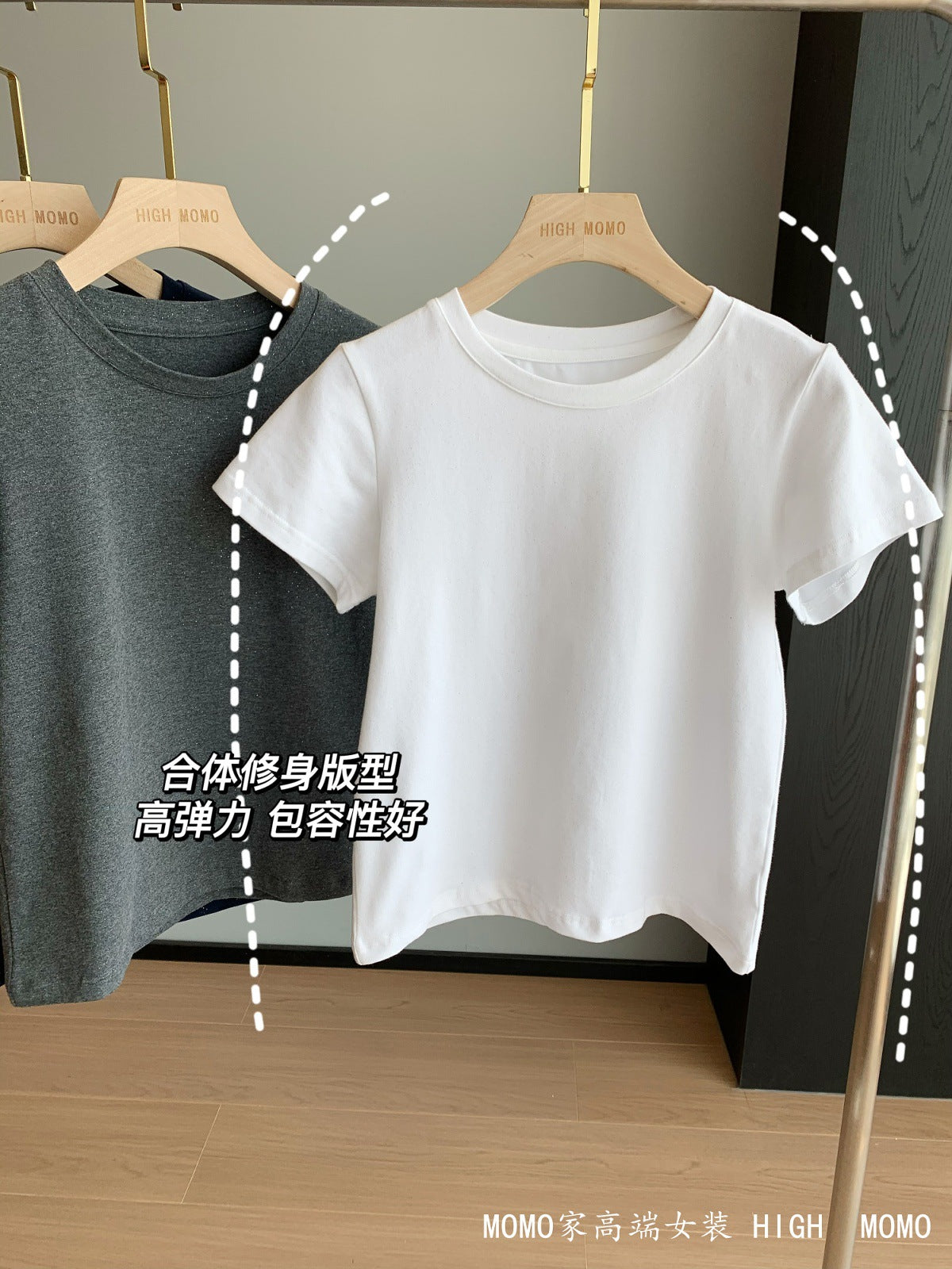 Slimming effect！Sparkling Full Sky Straight Shoulder Stretch Slim Fit Peruvian Cotton Round Neck Basic Short Sleeve T Women's T-shirt25Summer