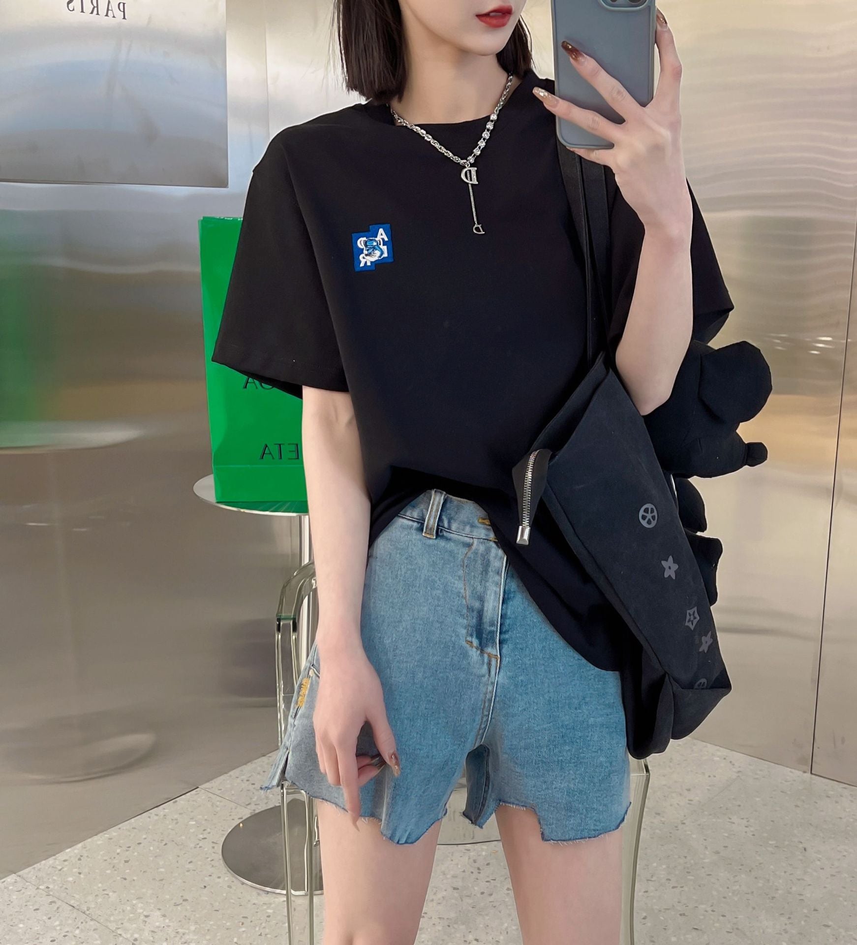 In Stock Short Sleeve Ouyang Nana Same Style T Shirt Summer Men and Women Couple Style Loose Casual Little Fox Embroidery