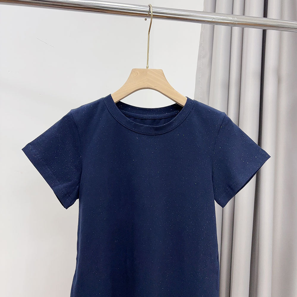 Slimming effect！Sparkling Full Sky Straight Shoulder Stretch Slim Fit Peruvian Cotton Round Neck Basic Short Sleeve T Women's T-shirt25Summer