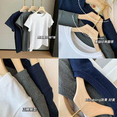 Slimming effect！Sparkling Full Sky Straight Shoulder Stretch Slim Fit Peruvian Cotton Round Neck Basic Short Sleeve T Women's T-shirt25Summer