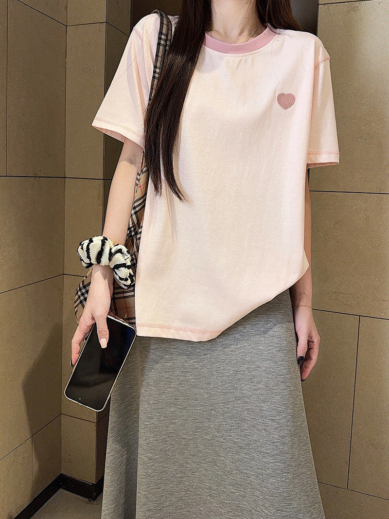 Summer new style round neck short sleeve women's shirt t Embroidered Cool Feeling Shirt T Pink Women's Shirt, Regular Shoulder, Loose Fit, Casual T Shirt