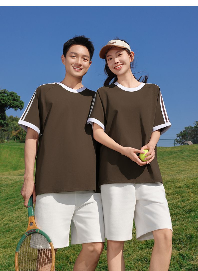 210g 100% Cotton American Style Round Neck Retro Peruvian Cotton Loose Drop Shoulder Three Stripes Solid Color Short Sleeve t T-shirt Parent-Child Matching Outfits