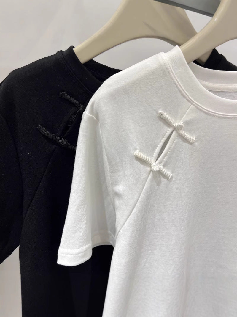 Official Image Peruvian Cotton Short Sleeve t Shirt2025Summer Button Short Solid Color Slim Fit Regular Shoulder Round Neck Korean Style Women's Top