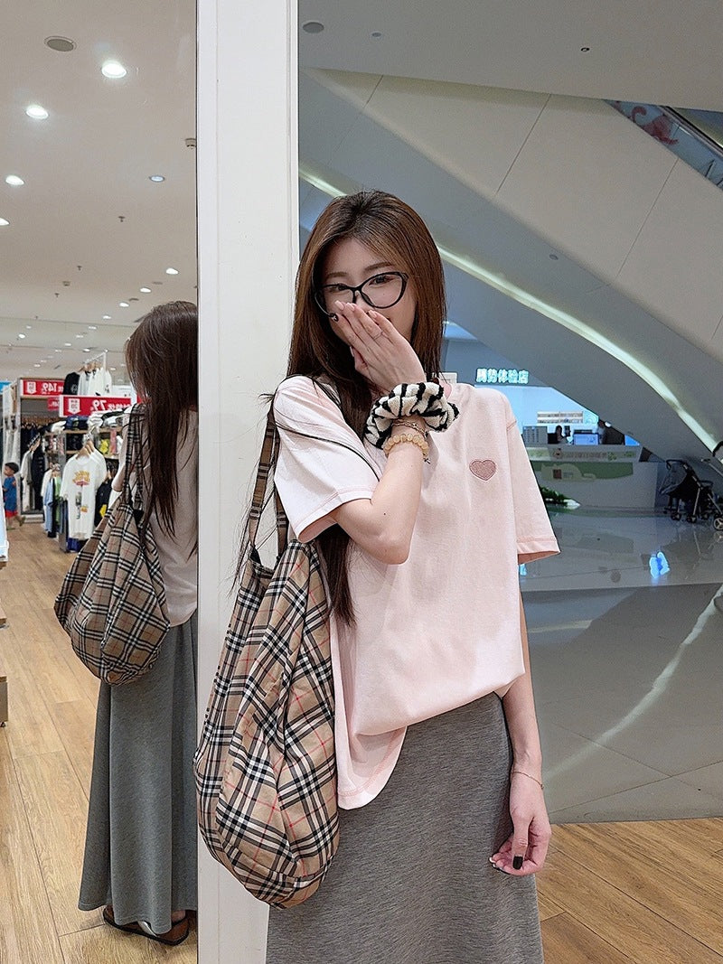 Real Shot Peruvian Cotton220Gram Short Sleeve t Summer Shirt2025New Trendy Embroidered Loose Round Neck Top Plus Size Women's Clothing