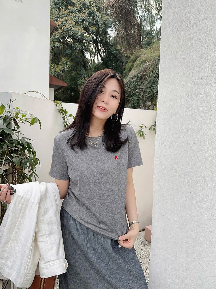 Japanese Style Niche Short Sleeve Embroidered Letters Peruvian Cotton T Shirt