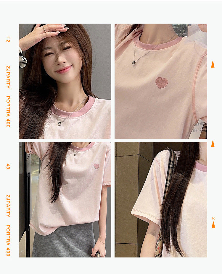 Summer new style round neck short sleeve women's shirt t Embroidered Cool Feeling Shirt T Pink Women's Shirt, Regular Shoulder, Loose Fit, Casual T Shirt