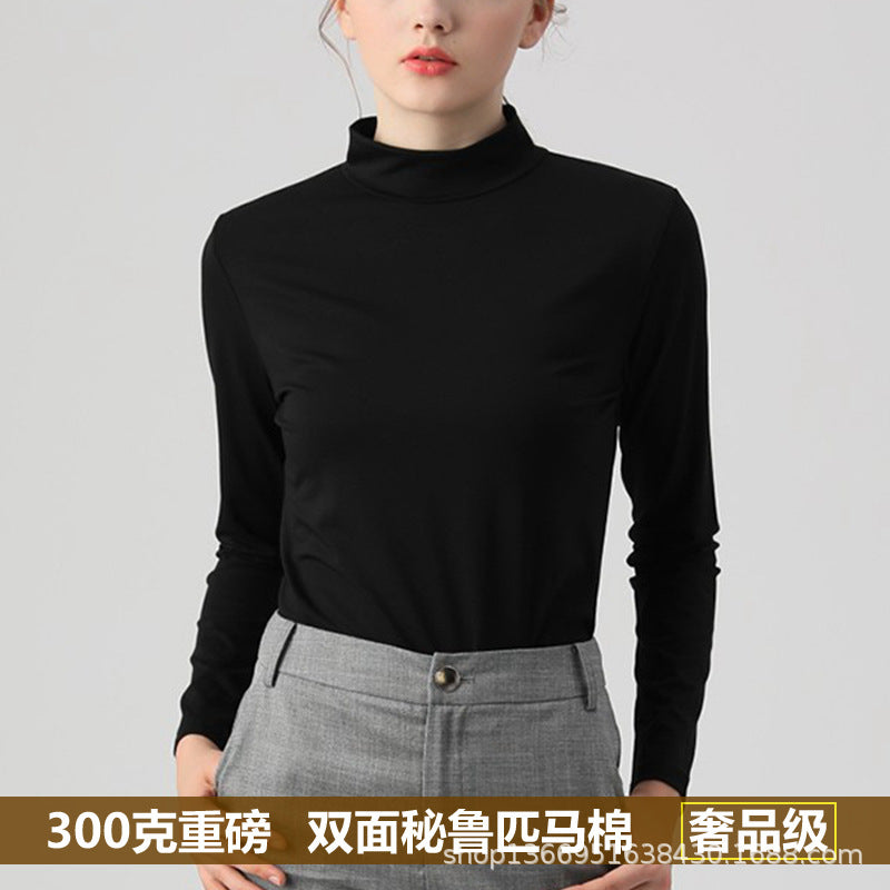 Autumn Heavy Imported Peruvian Cotton Half Turtleneck Long Sleeve t Women's T-shirt Parent-Child Mid-Neck Full Cotton Slim Fit Inner Layer Base Shirt