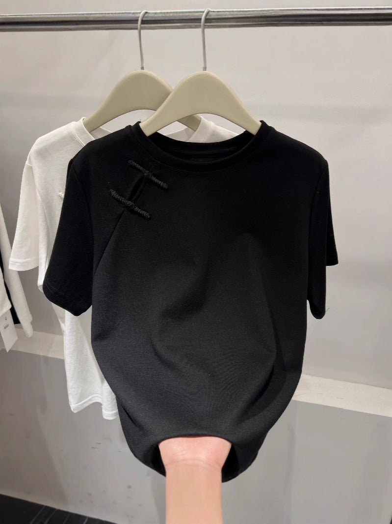 Official Image Peruvian Cotton Short Sleeve t Shirt2025Summer Button Short Solid Color Slim Fit Regular Shoulder Round Neck Korean Style Women's Top