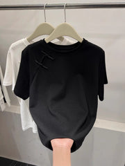 Official Image Peruvian Cotton Short Sleeve t Shirt2025Summer Button Short Solid Color Slim Fit Regular Shoulder Round Neck Korean Style Women's Top