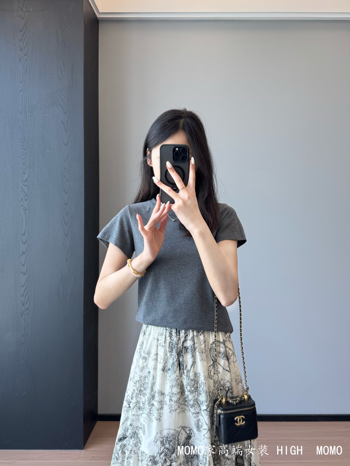 Slimming effect！Sparkling Full Sky Straight Shoulder Stretch Slim Fit Peruvian Cotton Round Neck Short Sleeve T Shirt25Summer