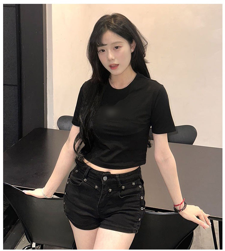 2025Summer New Solid Color Slim Fit Hot Girl Short Sleeve Off-Shoulder Tight Versatile Short Sleeve T T-shirt Top Hook Clothing Women's Wear