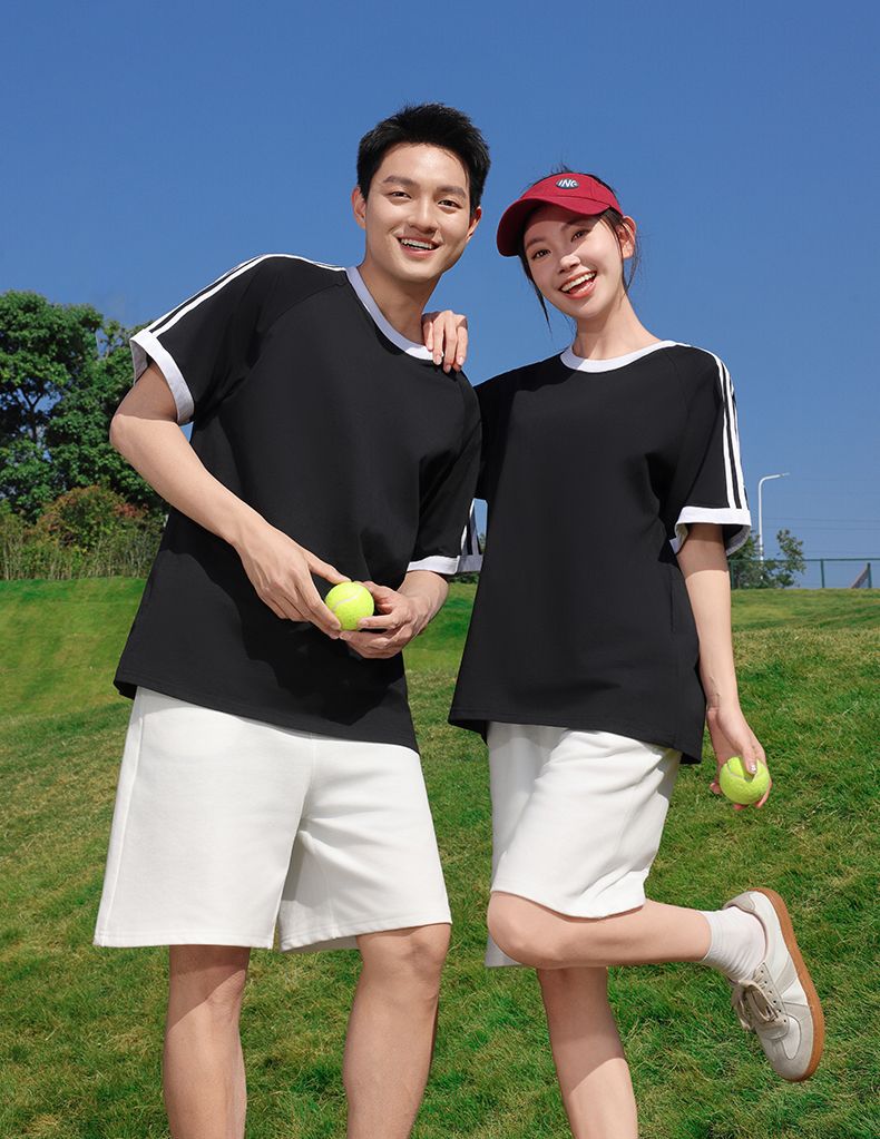 210g 100% Cotton American Style Round Neck Retro Peruvian Cotton Loose Drop Shoulder Three Stripes Solid Color Short Sleeve t T-shirt Parent-Child Matching Outfits