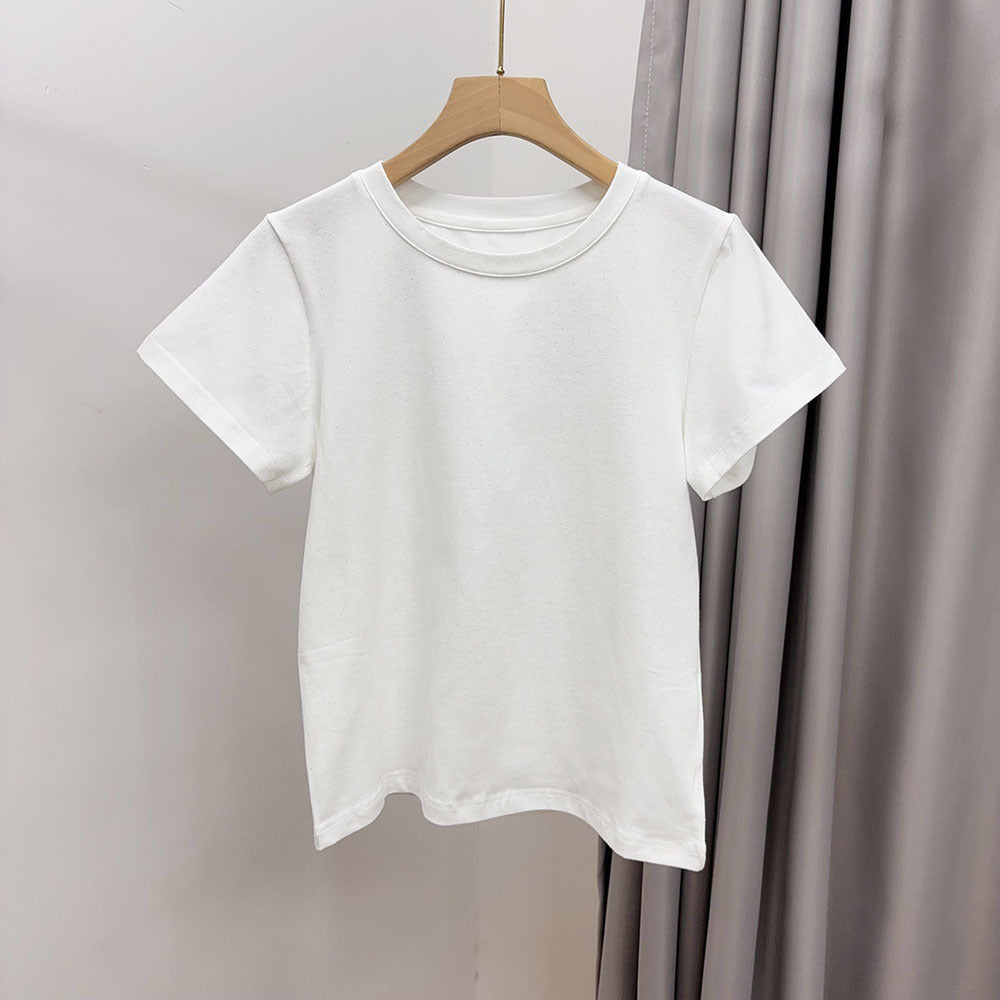 Slimming effect！Sparkling Full Sky Straight Shoulder Stretch Slim Fit Peruvian Cotton Round Neck Basic Short Sleeve T Women's T-shirt25Summer