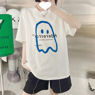 In Stock Short Sleeve Ouyang Nana Same Style T Shirt Summer Men and Women Couple Style Loose Casual Little Fox Embroidery
