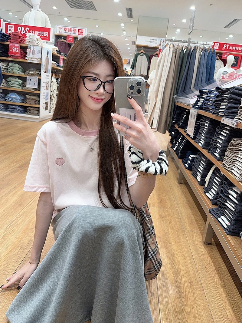 Real Shot Peruvian Cotton220Gram Short Sleeve t Summer Shirt2025New Trendy Embroidered Loose Round Neck Top Plus Size Women's Clothing