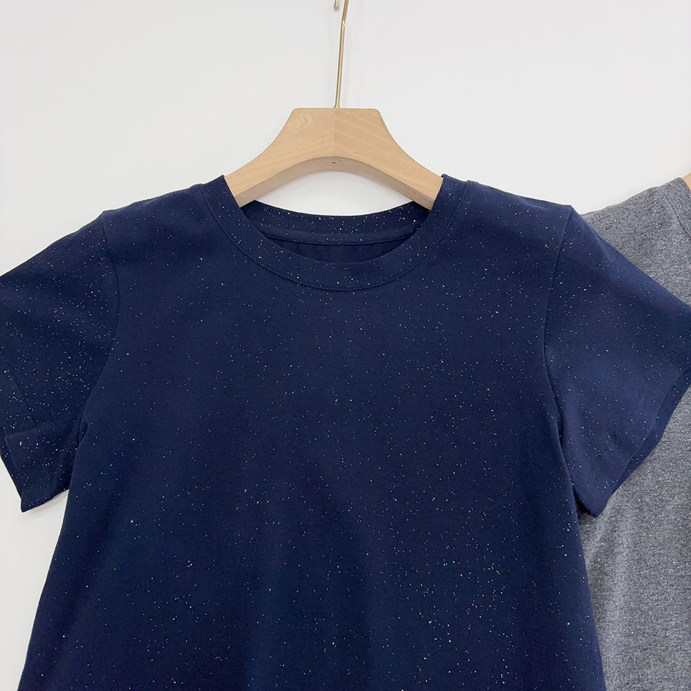 Slimming effect！Sparkling Full Sky Straight Shoulder Stretch Slim Fit Peruvian Cotton Round Neck Basic Short Sleeve T Women's T-shirt25Summer