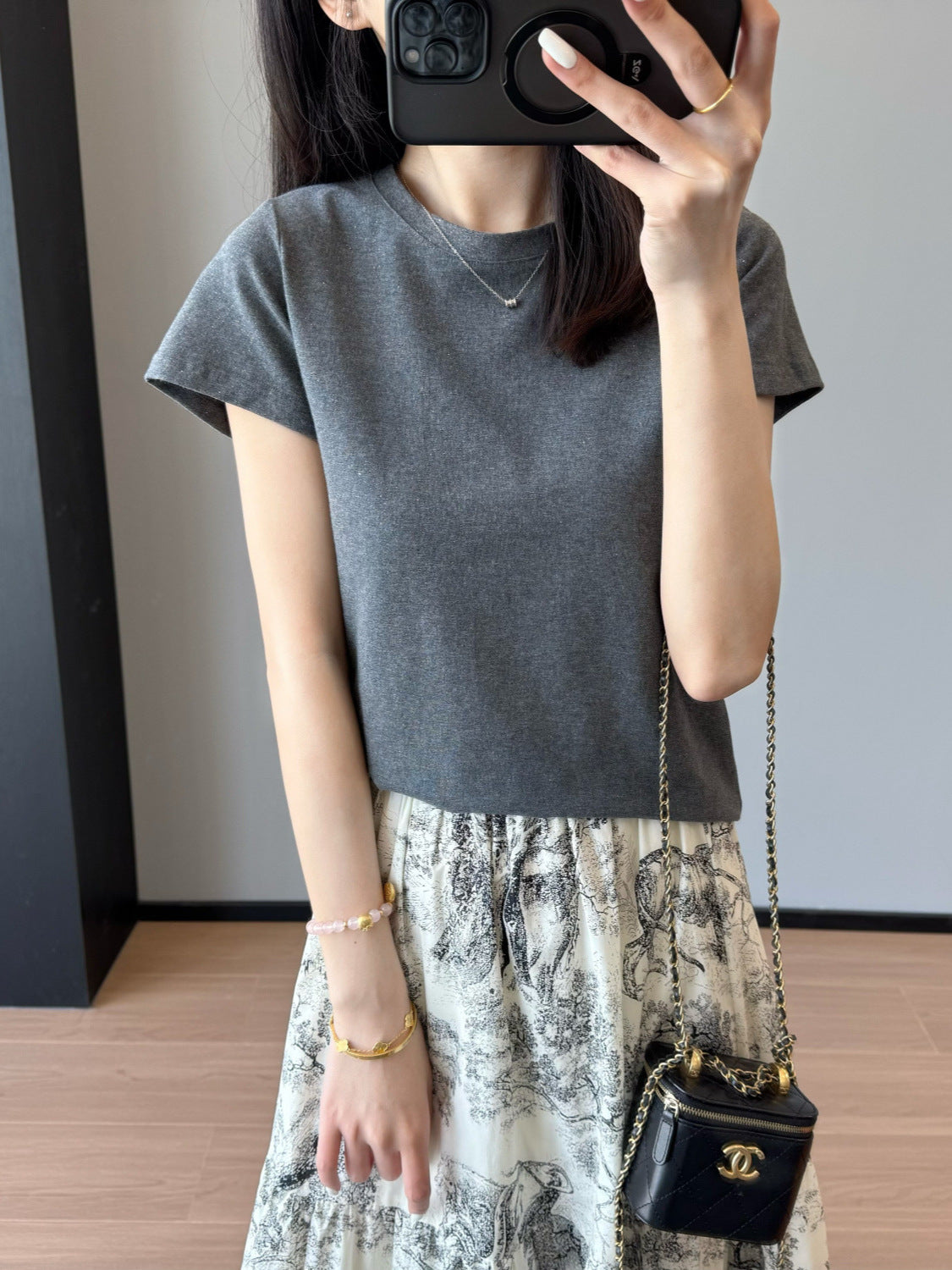 Slimming effect！Sparkling Full Sky Straight Shoulder Stretch Slim Fit Peruvian Cotton Round Neck Short Sleeve T Shirt25Summer