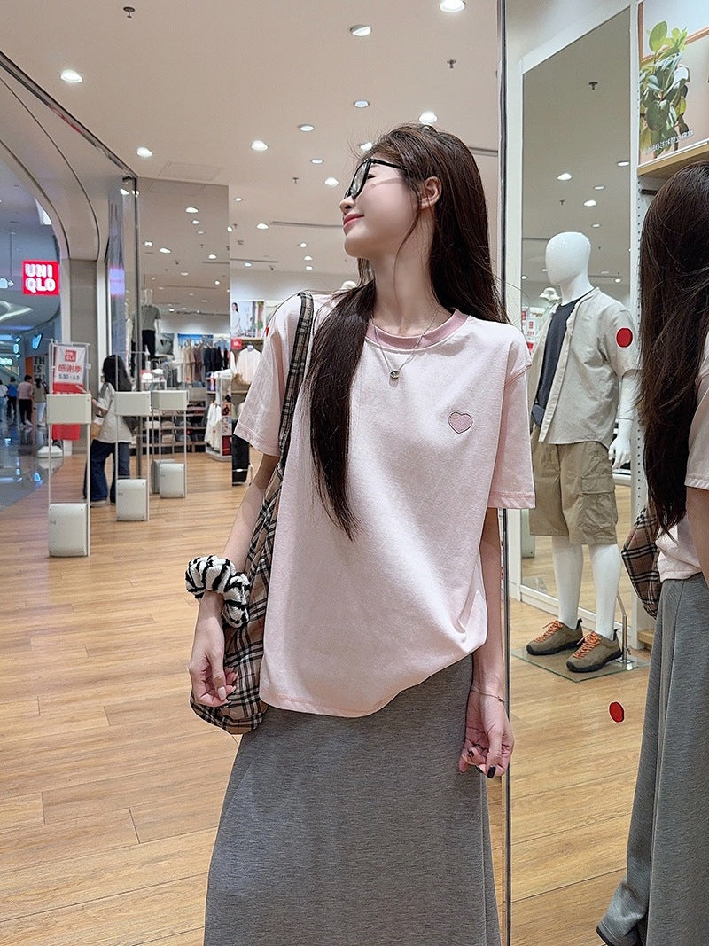 Real Shot Peruvian Cotton220Gram Short Sleeve t Summer Shirt2025New Trendy Embroidered Loose Round Neck Top Plus Size Women's Clothing