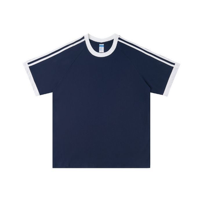 210g 100% Cotton American Style Round Neck Retro Peruvian Cotton Loose Drop Shoulder Three Stripes Solid Color Short Sleeve t T-shirt Parent-Child Matching Outfits