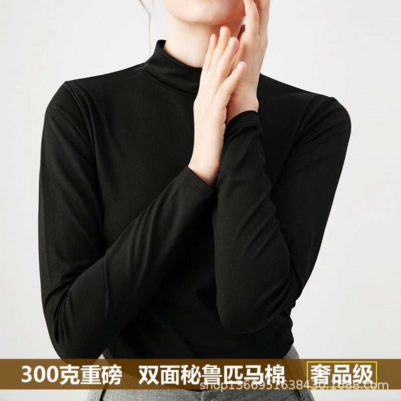 Autumn Heavy Imported Peruvian Cotton Half Turtleneck Long Sleeve t Women's T-shirt Parent-Child Mid-Neck Full Cotton Slim Fit Inner Layer Base Shirt