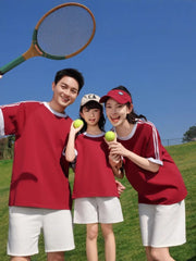 210g 100% Cotton American Style Round Neck Retro Peruvian Cotton Loose Drop Shoulder Three Stripes Solid Color Short Sleeve t T-shirt Parent-Child Matching Outfits