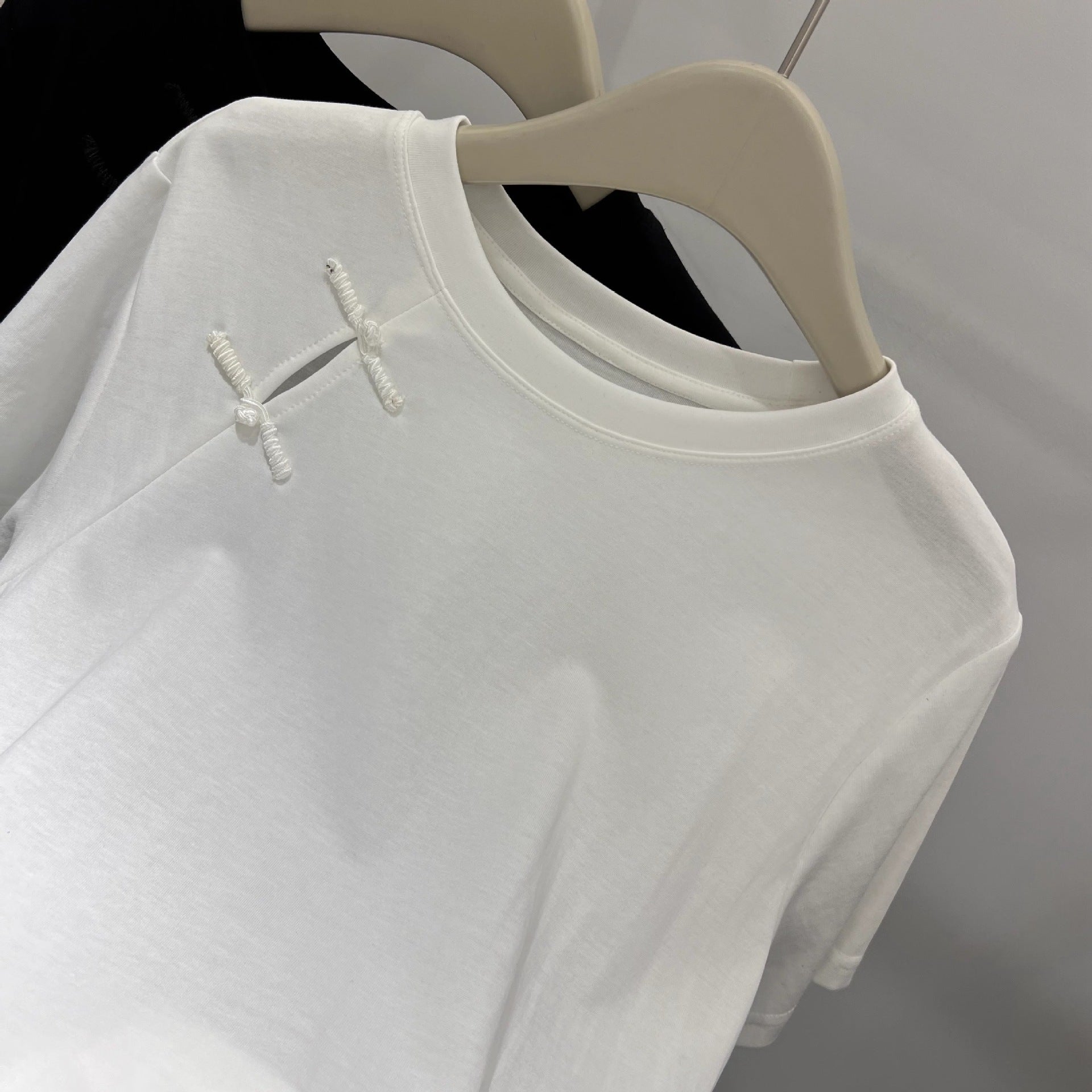 Official Image Peruvian Cotton Short Sleeve t Shirt2025Summer Button Short Solid Color Slim Fit Regular Shoulder Round Neck Korean Style Women's Top