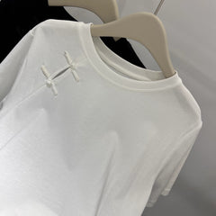 Official Image Peruvian Cotton Short Sleeve t Shirt2025Summer Button Short Solid Color Slim Fit Regular Shoulder Round Neck Korean Style Women's Top