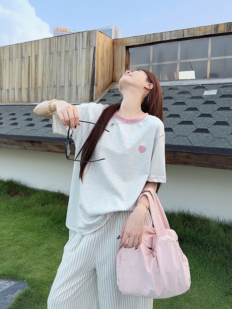 Summer new style round neck short sleeve women's shirt t Embroidered Cool Feeling Shirt T Pink Women's Shirt, Regular Shoulder, Loose Fit, Casual T Shirt