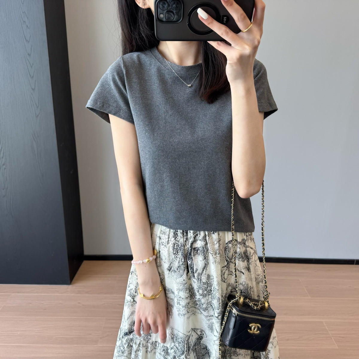 Slimming effect！Sparkling Full Sky Straight Shoulder Stretch Slim Fit Peruvian Cotton Round Neck Basic Short Sleeve T Women's T-shirt25Summer