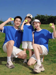 210g 100% Cotton American Style Round Neck Retro Peruvian Cotton Loose Drop Shoulder Three Stripes Solid Color Short Sleeve t T-shirt Parent-Child Matching Outfits