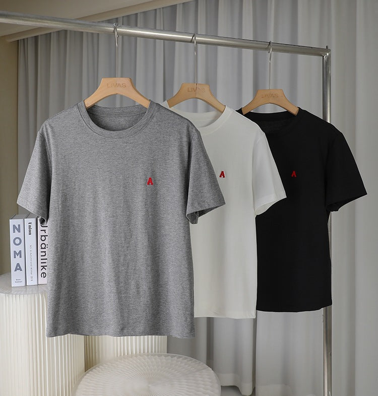 Japanese Style Niche Short Sleeve Embroidered Letters Peruvian Cotton T Shirt