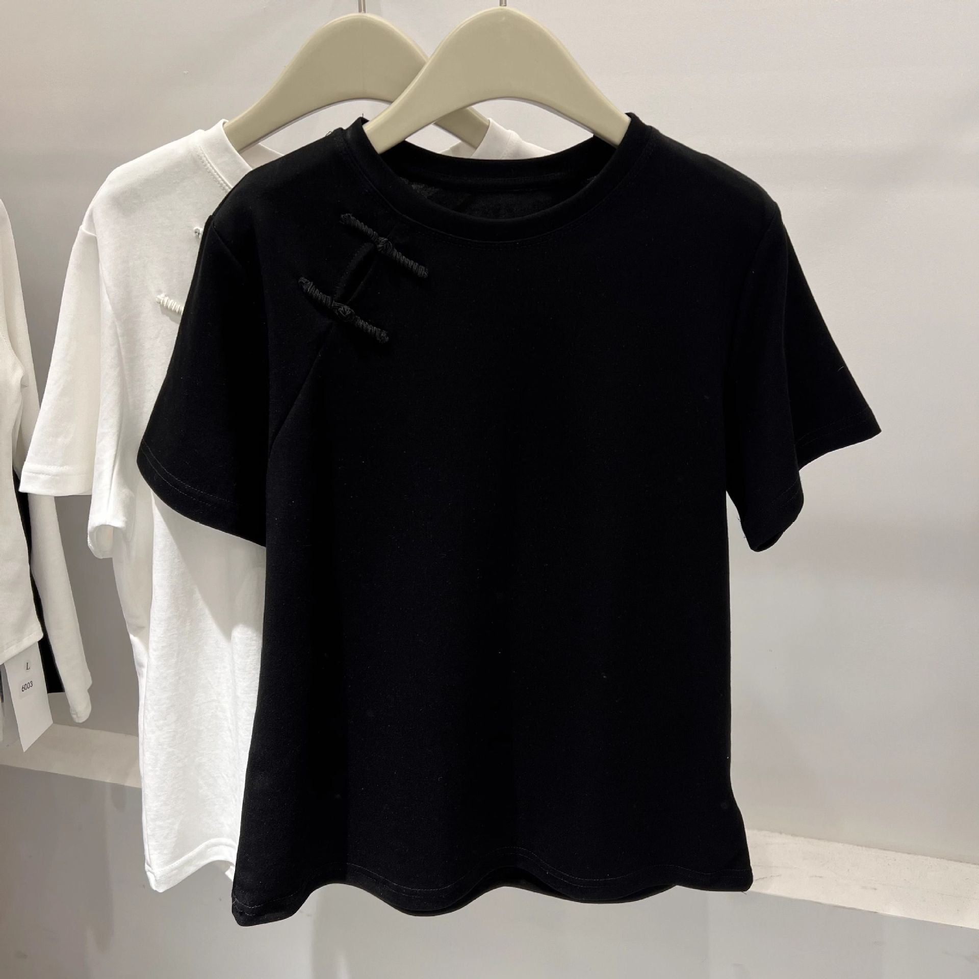 Official Image Peruvian Cotton Short Sleeve t Shirt2025Summer Button Short Solid Color Slim Fit Regular Shoulder Round Neck Korean Style Women's Top