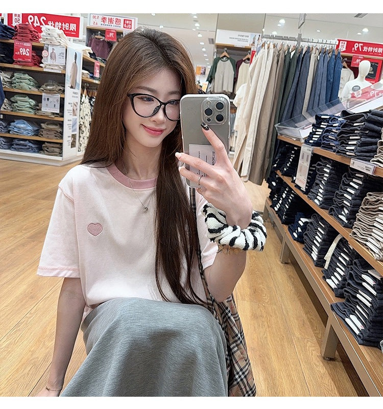 Real Shot Peruvian Cotton220Gram Short Sleeve t Summer Shirt2025New Trendy Embroidered Loose Round Neck Top Plus Size Women's Clothing