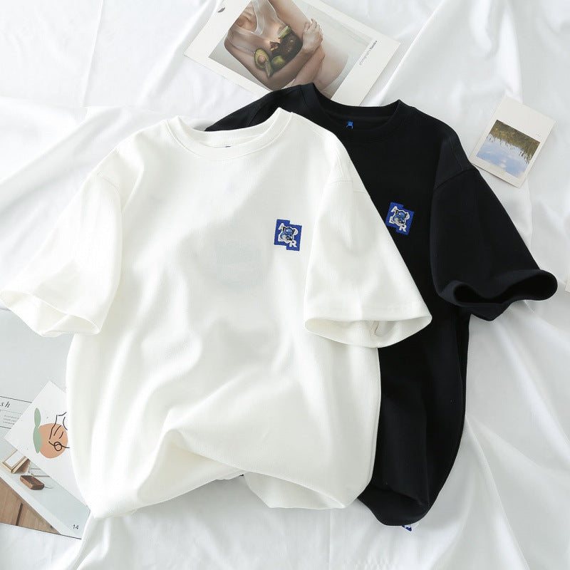 In Stock Short Sleeve Ouyang Nana Same Style T Shirt Summer Men and Women Couple Style Loose Casual Little Fox Embroidery