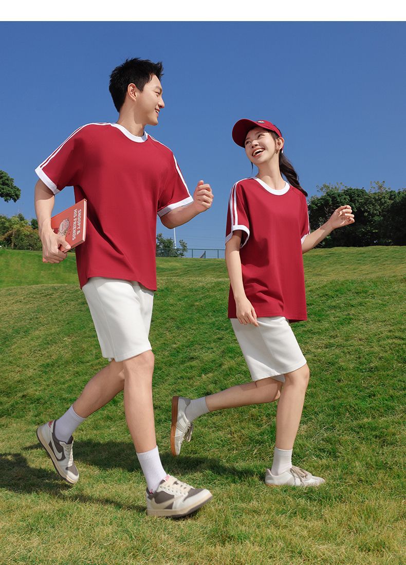 210g 100% Cotton American Style Round Neck Retro Peruvian Cotton Loose Drop Shoulder Three Stripes Solid Color Short Sleeve t T-shirt Parent-Child Matching Outfits