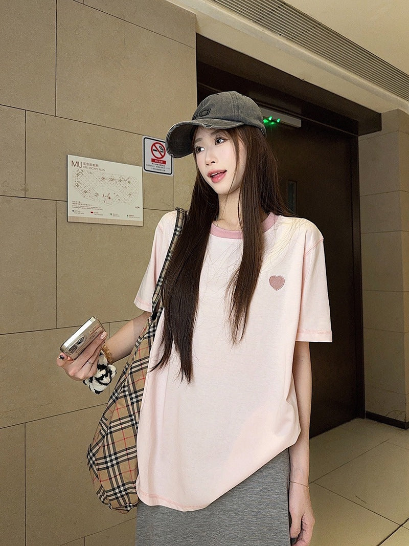 Real Shot Peruvian Cotton220Gram Short Sleeve t Summer Shirt2025New Trendy Embroidered Loose Round Neck Top Plus Size Women's Clothing