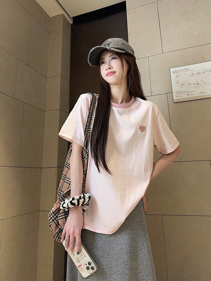 Summer new style round neck short sleeve women's shirt t Embroidered Cool Feeling Shirt T Pink Women's Shirt, Regular Shoulder, Loose Fit, Casual T Shirt