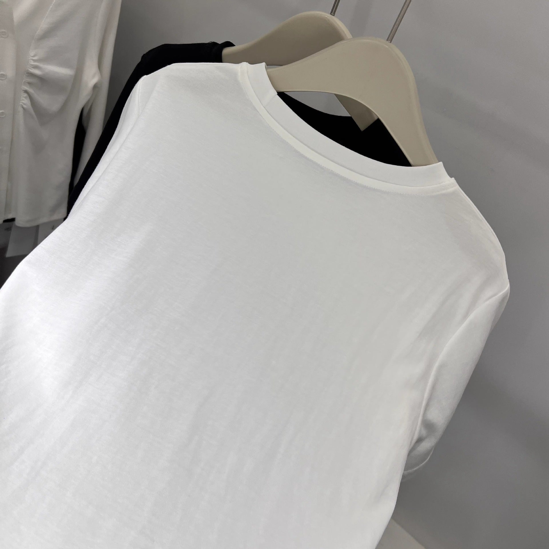 Official Image Peruvian Cotton Short Sleeve t Shirt2025Summer Button Short Solid Color Slim Fit Regular Shoulder Round Neck Korean Style Women's Top