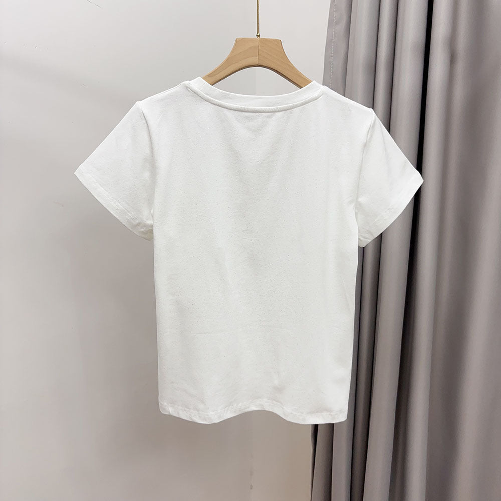 Slimming effect！Sparkling Full Sky Straight Shoulder Stretch Slim Fit Peruvian Cotton Round Neck Basic Short Sleeve T Women's T-shirt25Summer
