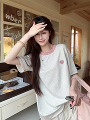 Real Shot Peruvian Cotton220Gram Short Sleeve t Summer Shirt2025New Trendy Embroidered Loose Round Neck Top Plus Size Women's Clothing