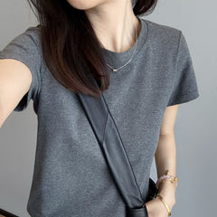 Slimming effect！Sparkling Full Sky Straight Shoulder Stretch Slim Fit Peruvian Cotton Round Neck Basic Short Sleeve T Women's T-shirt25Summer