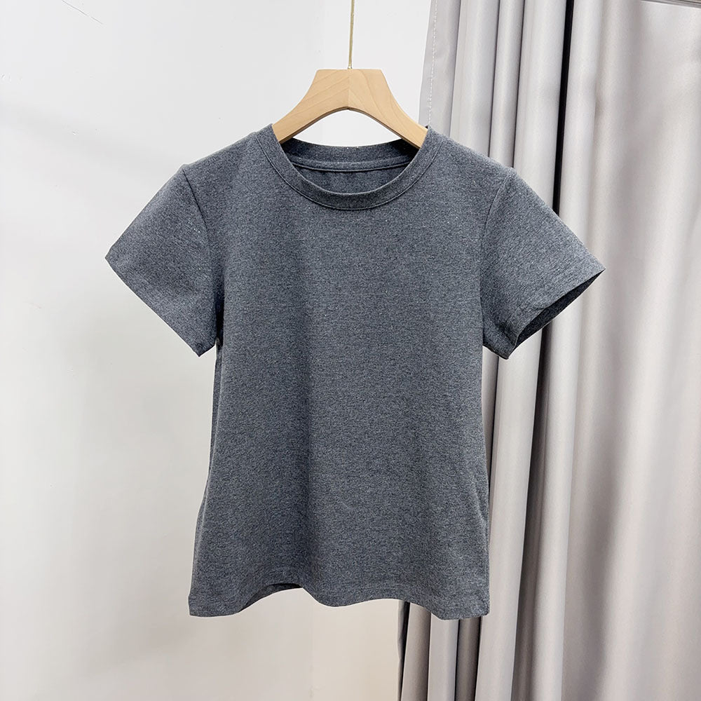 Slimming effect！Sparkling Full Sky Straight Shoulder Stretch Slim Fit Peruvian Cotton Round Neck Basic Short Sleeve T Women's T-shirt25Summer