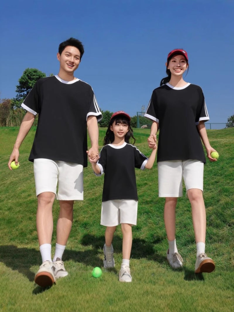 210g 100% Cotton American Style Round Neck Retro Peruvian Cotton Loose Drop Shoulder Three Stripes Solid Color Short Sleeve t T-shirt Parent-Child Matching Outfits