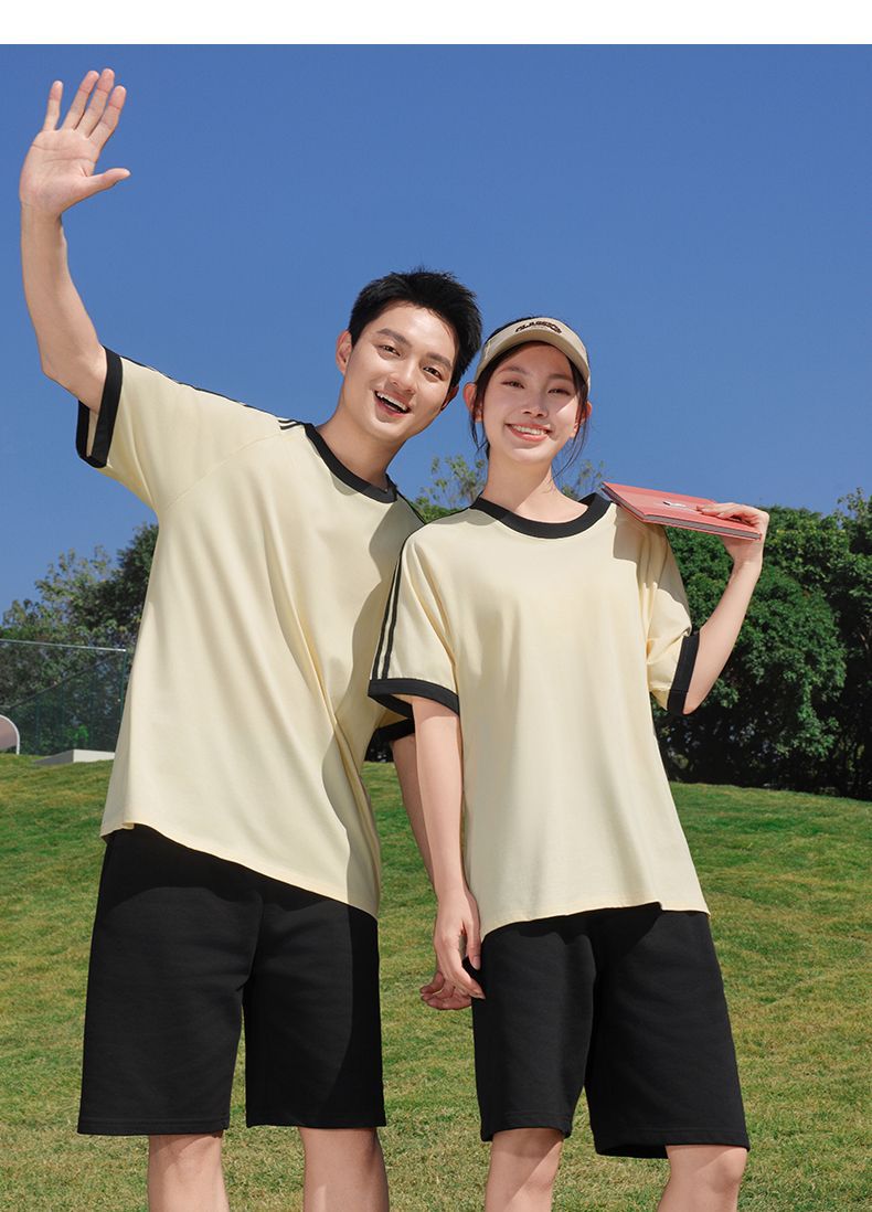 210g 100% Cotton American Style Round Neck Retro Peruvian Cotton Loose Drop Shoulder Three Stripes Solid Color Short Sleeve t T-shirt Parent-Child Matching Outfits